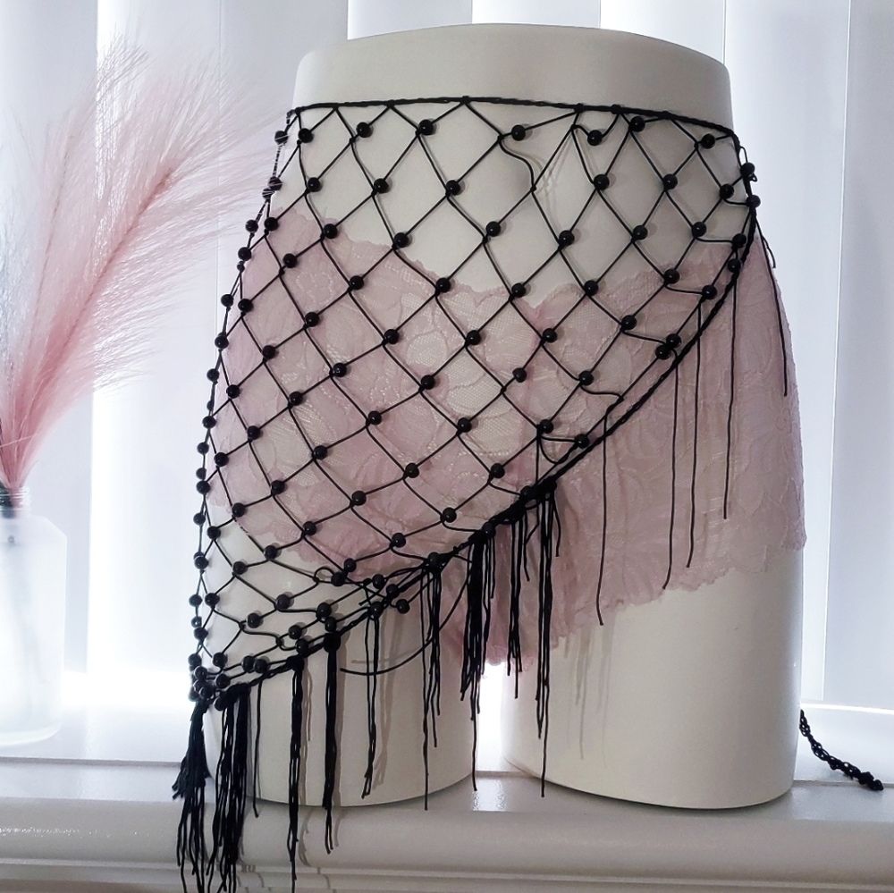 Costa Blanca Boho Beaded Tassle Waist Wrap- Black